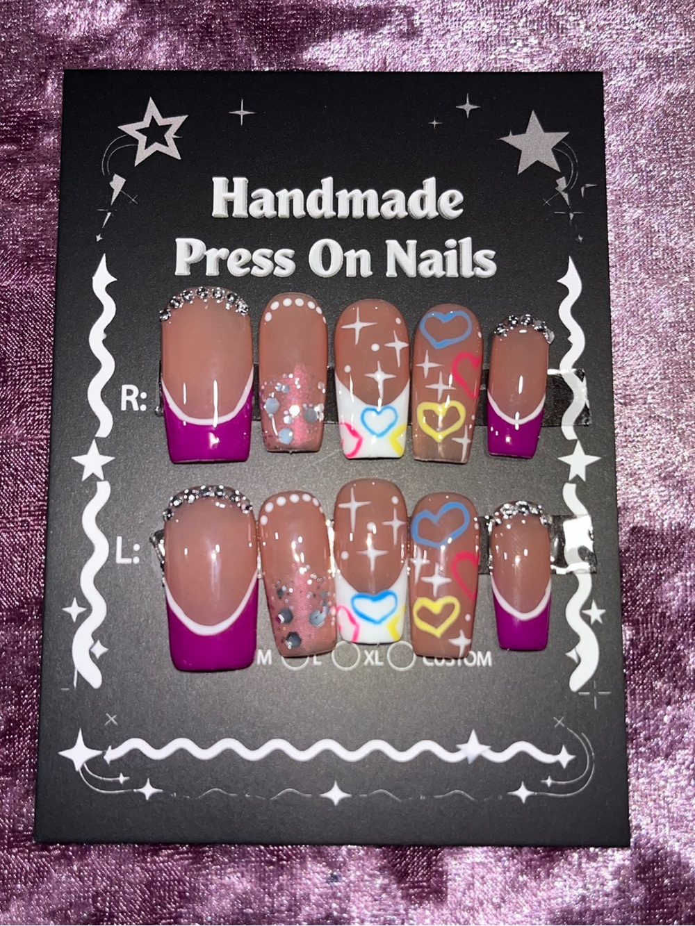 Handmade Press On Nails - Purple Accent Hearts & Rhinestones